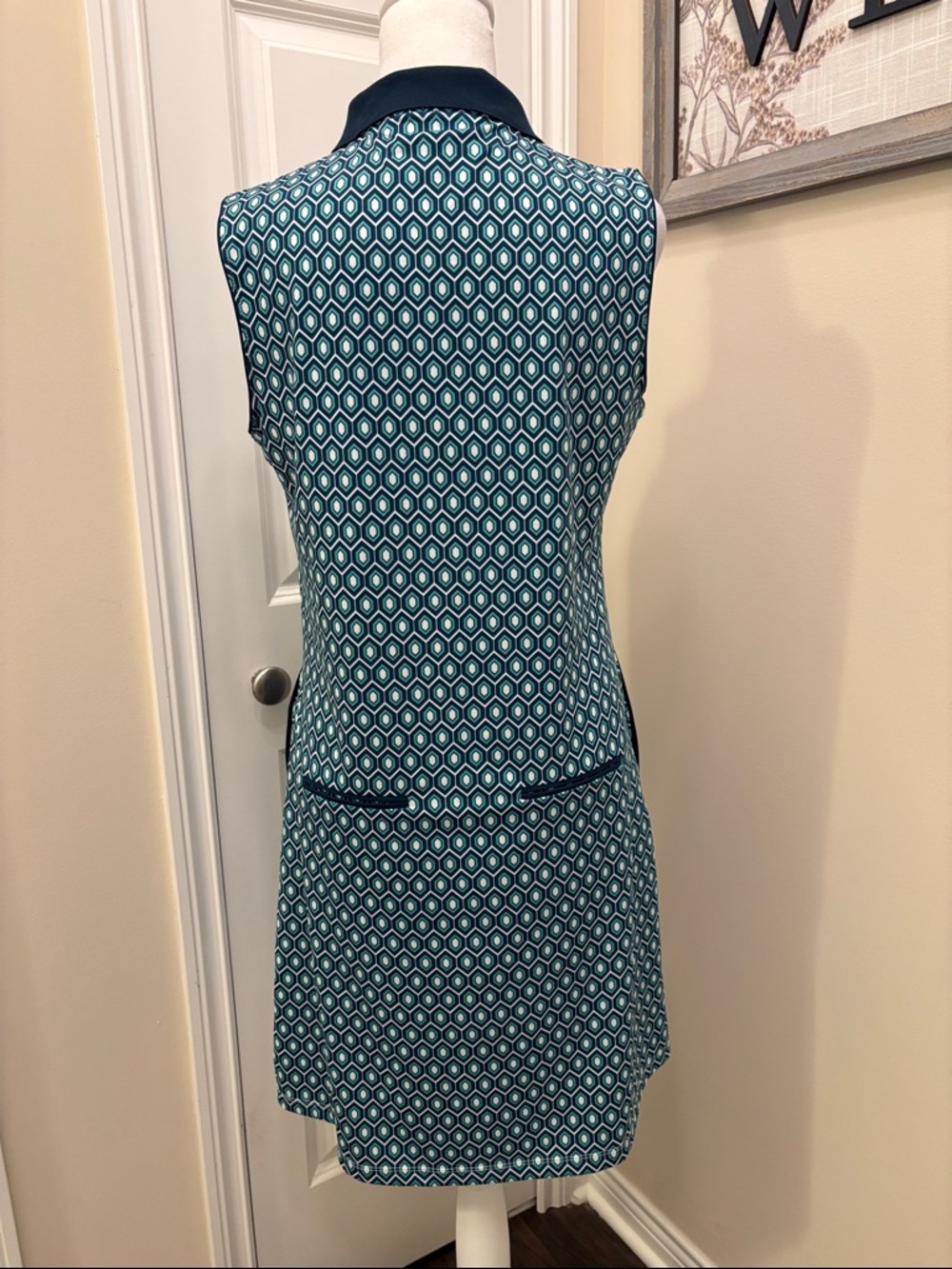 Sleeveless Teal Geometric Short Skirt Dress with Navy Trim size Large NNT - Picture 4 of 15